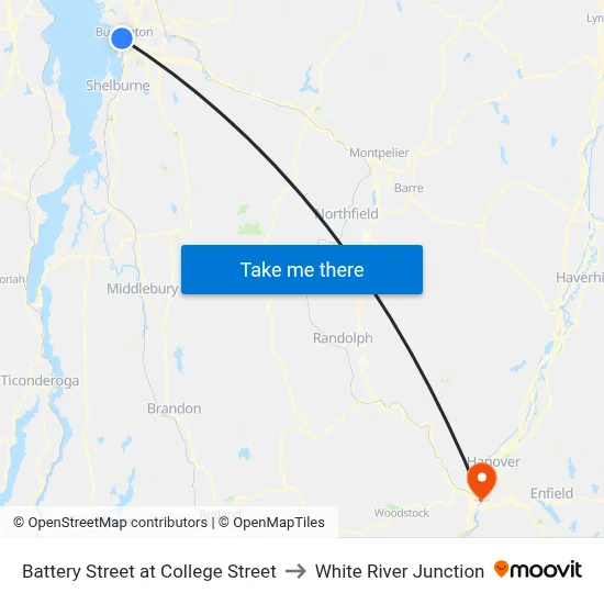 Battery Street at College Street to White River Junction map