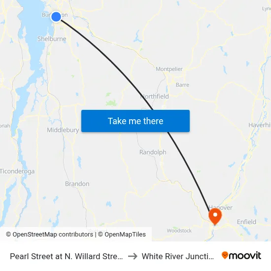 Pearl Street at N. Willard Street to White River Junction map