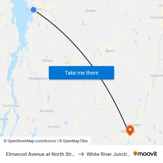Elmwood Avenue at North Street to White River Junction map