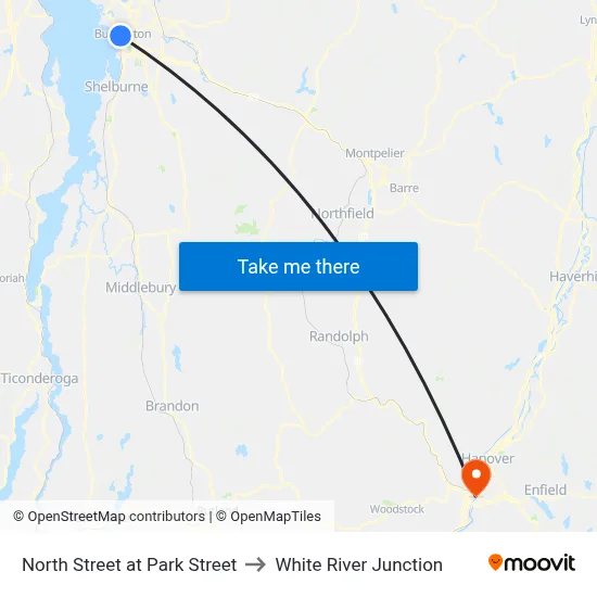 North Street at Park Street to White River Junction map