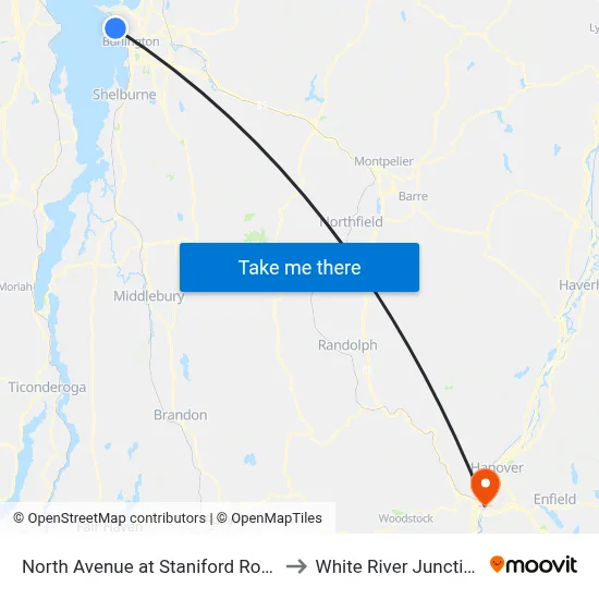 North Avenue at Staniford Road to White River Junction map