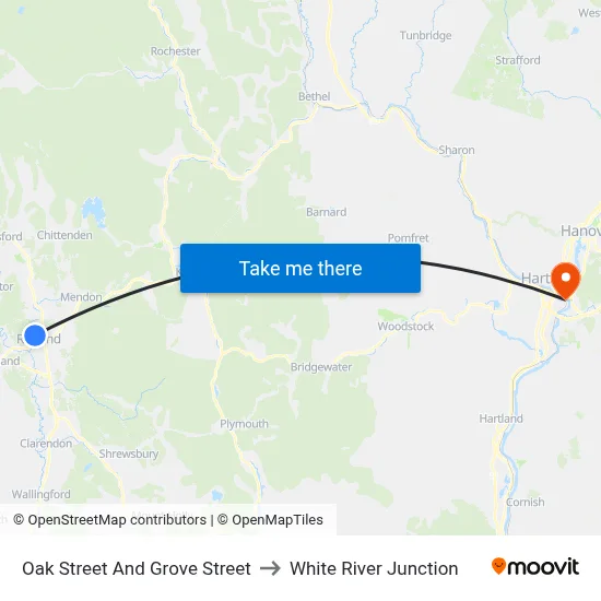 Oak Street And Grove Street to White River Junction map