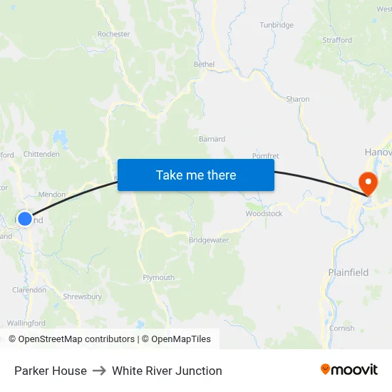 Parker House to White River Junction map