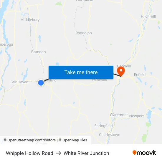 Whipple Hollow Road to White River Junction map