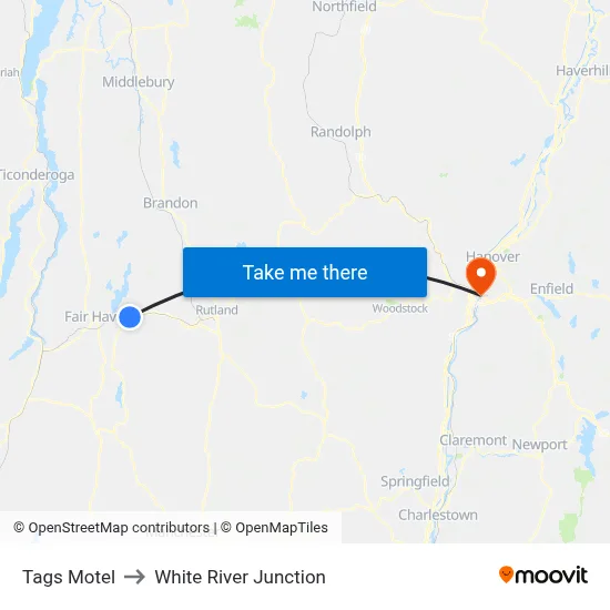 Tags Motel to White River Junction map