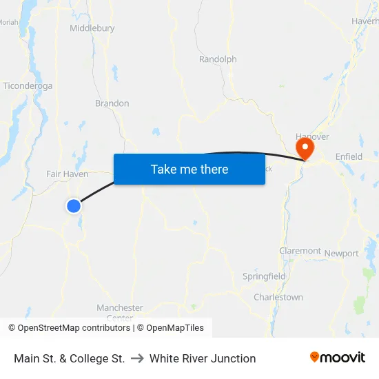 Main St. & College St. to White River Junction map