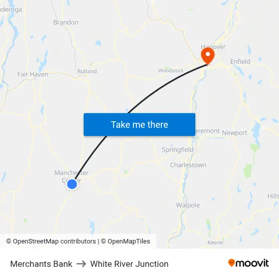 Merchants Bank to White River Junction map