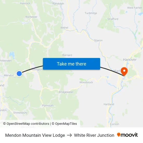 Mendon Mountain View Lodge to White River Junction map