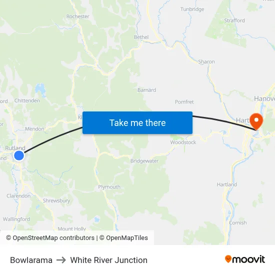 Bowlarama to White River Junction map