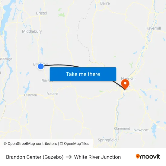 Brandon Center (Gazebo) to White River Junction map