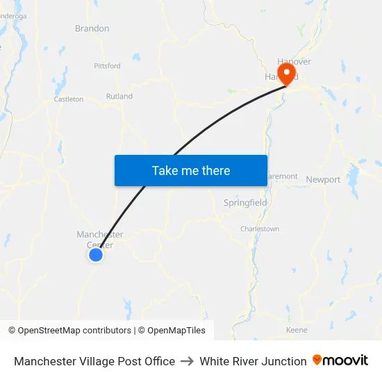 Manchester Village Post Office to White River Junction map