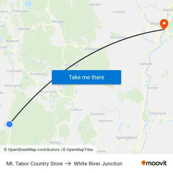 Mt. Tabor Country Store to White River Junction map