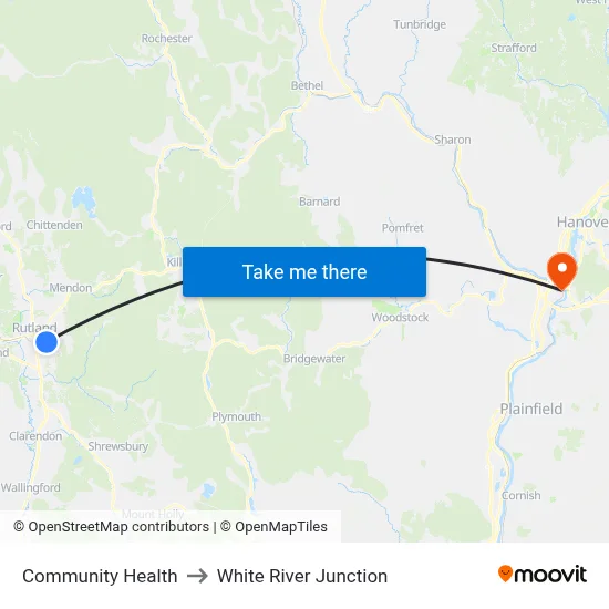 Community Health to White River Junction map