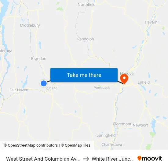 West Street And Columbian Avenue to White River Junction map