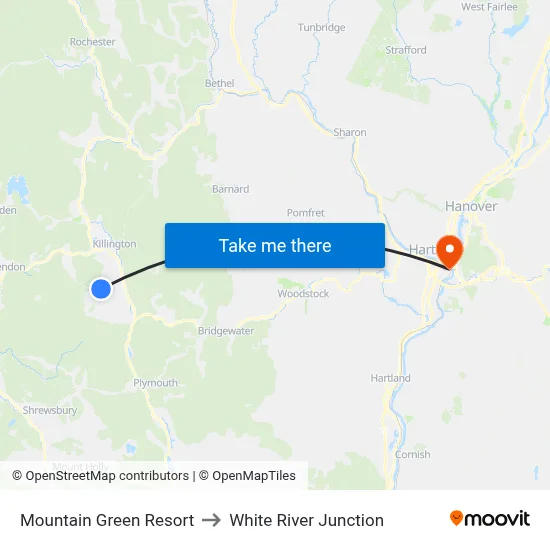 Mountain Green Resort to White River Junction map