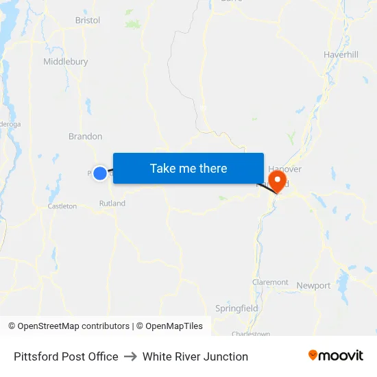 Pittsford Post Office to White River Junction map