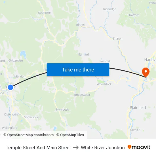 Temple Street And Main Street to White River Junction map