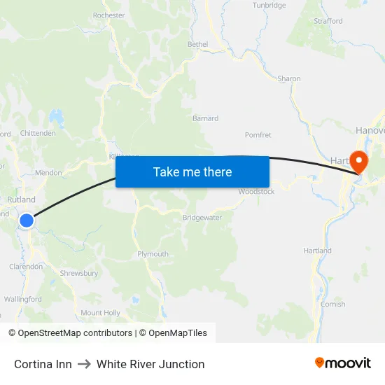 Cortina Inn to White River Junction map