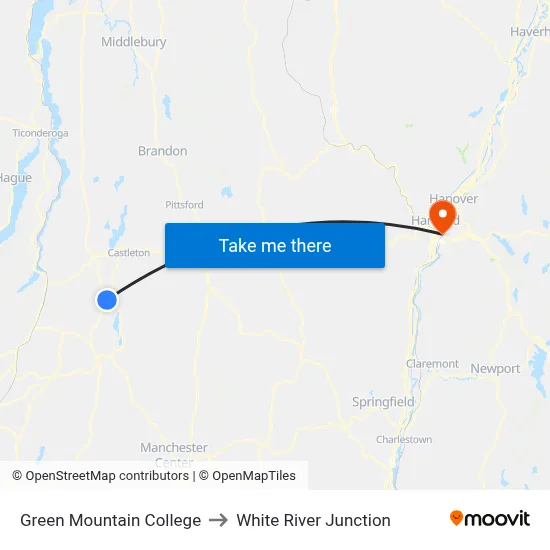 Green Mountain College to White River Junction map