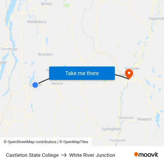 Castleton State College to White River Junction map