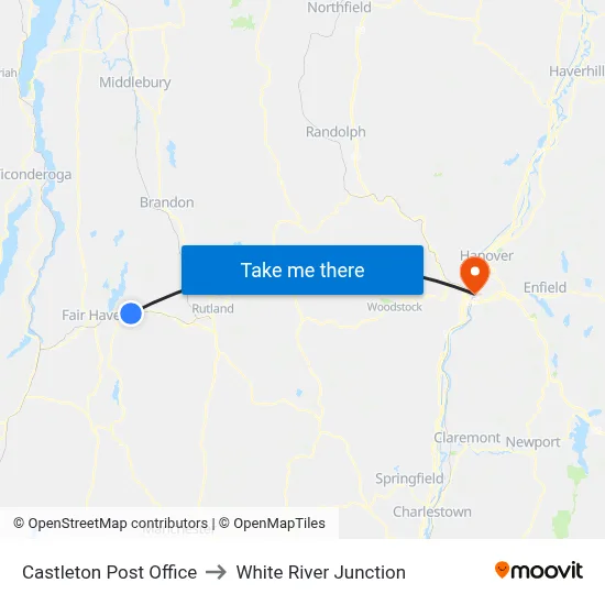 Castleton Post Office to White River Junction map