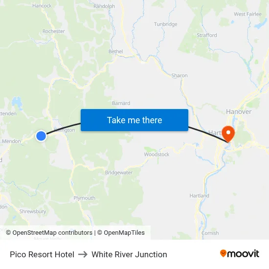 Pico Resort Hotel to White River Junction map