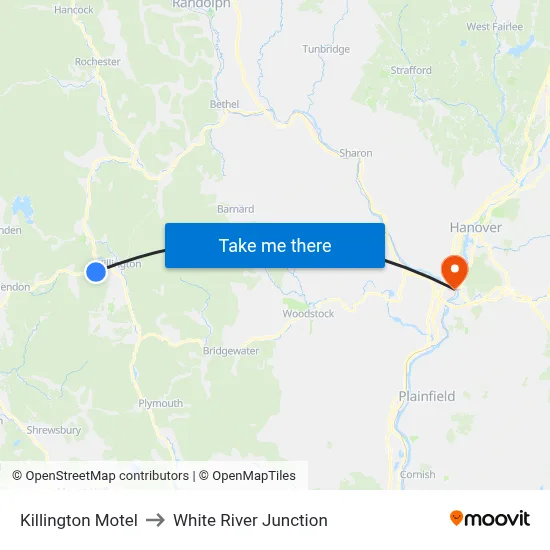 Killington Motel to White River Junction map