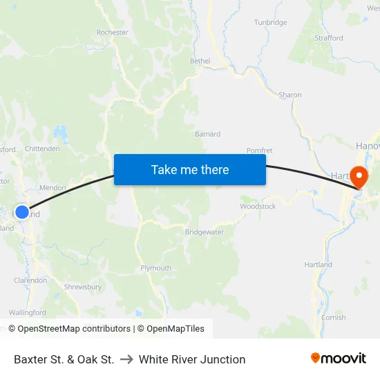 Baxter St. & Oak St. to White River Junction map