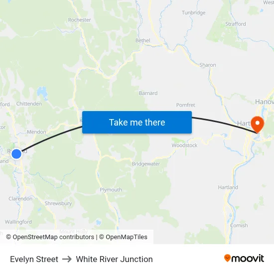 Evelyn Street to White River Junction map