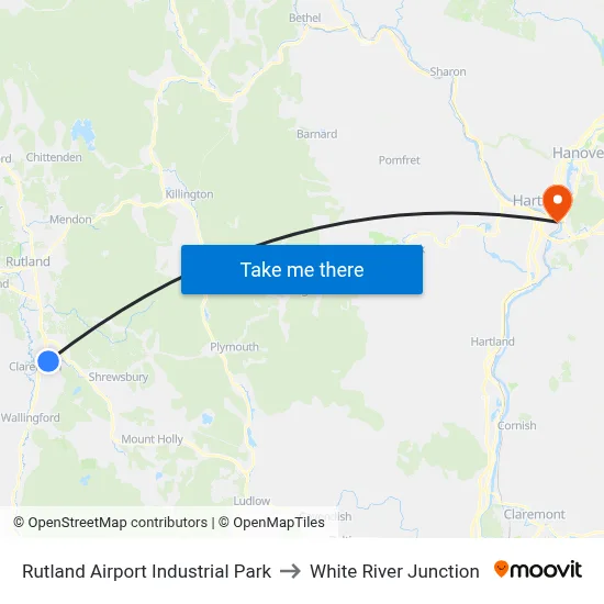 Rutland Airport Industrial Park to White River Junction map