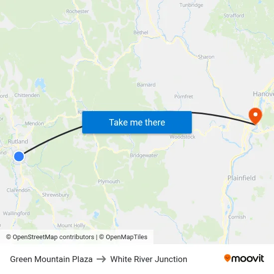 Green Mountain Plaza to White River Junction map
