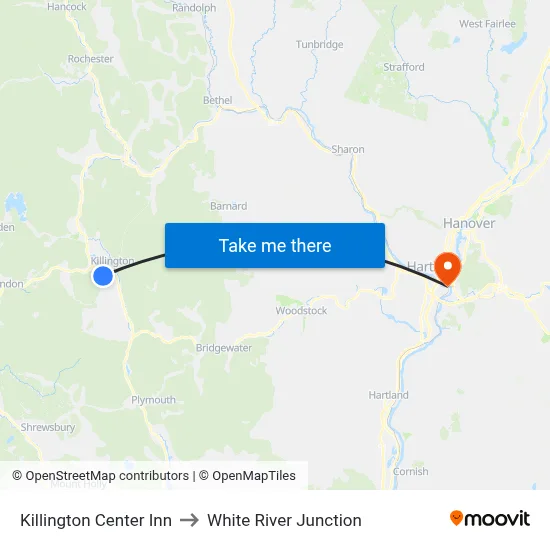 Killington Center Inn to White River Junction map