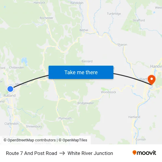 Route 7 And Post Road to White River Junction map