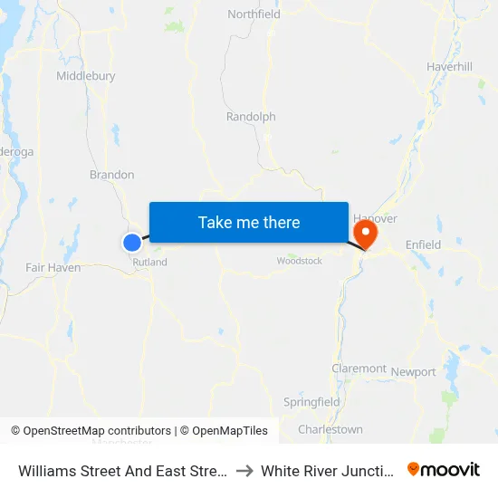 Williams Street And East Street to White River Junction map