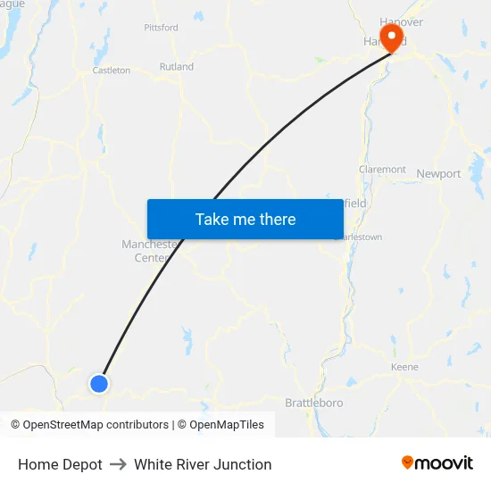 Home Depot to White River Junction map