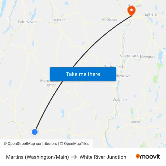 Martins (Washington/Main) to White River Junction map