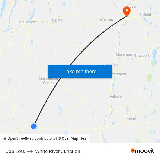 Job Lots to White River Junction map