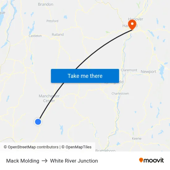 Mack Molding to White River Junction map