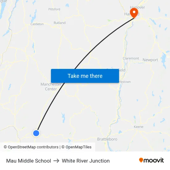 Mau Middle School to White River Junction map