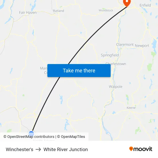 Winchester's to White River Junction map