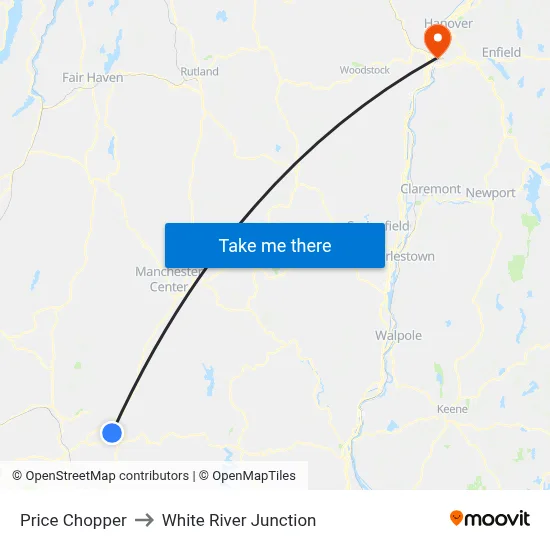 Price Chopper to White River Junction map
