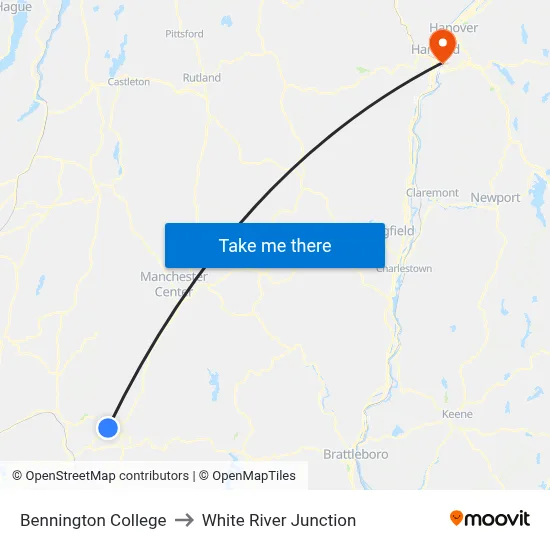 Bennington College to White River Junction map