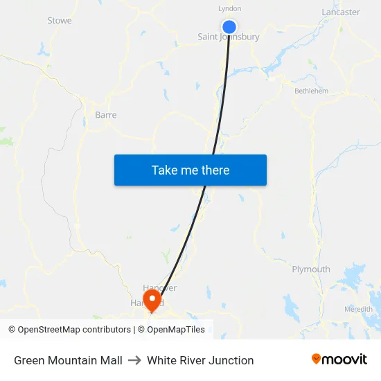 Green Mountain Mall to White River Junction map