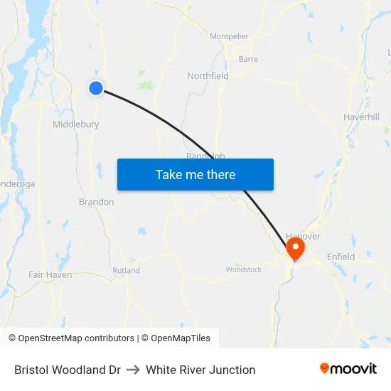 Bristol Woodland Dr to White River Junction map