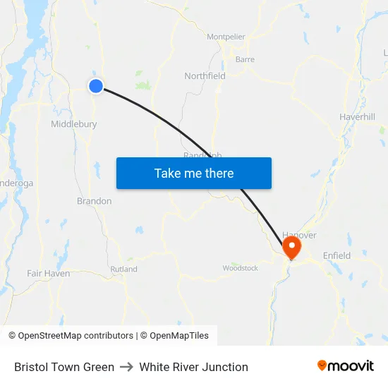 Bristol Town Green to White River Junction map