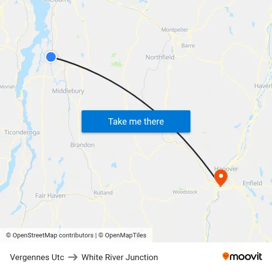 Vergennes Utc to White River Junction map