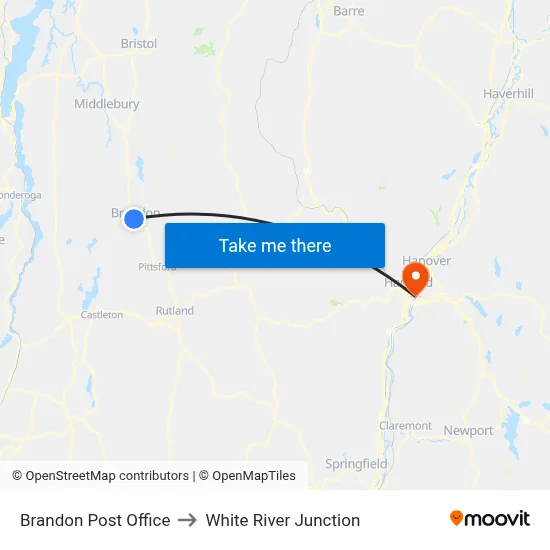 Brandon Post Office to White River Junction map