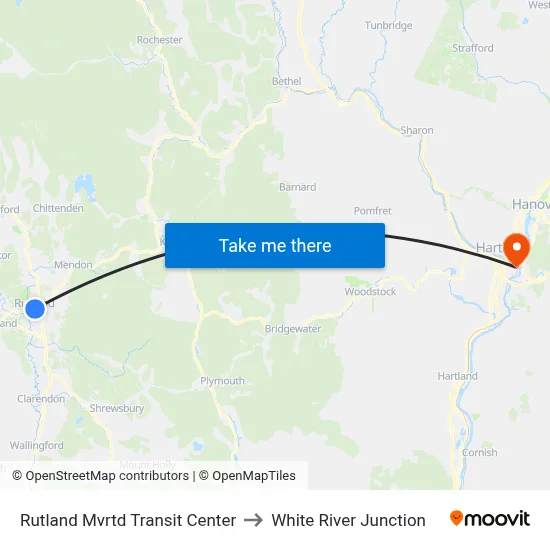 Rutland Mvrtd Transit Center to White River Junction map
