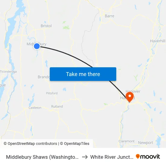 Middlebury Shaws (Washington St) to White River Junction map