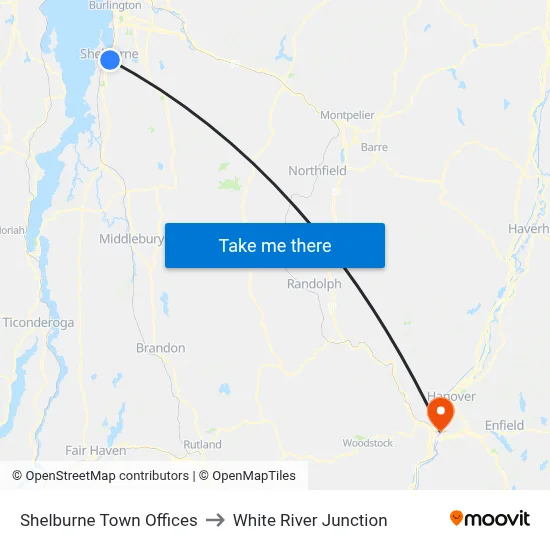 Shelburne Town Offices to White River Junction map